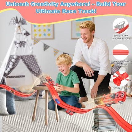 20 Ft Flexible Race Track Toys, Anti Gravity Car Track Set, Flex Race Car Ramp Track with Suction Cups - Rolls Up Portable DIY Race Track with 4 Racing Cars- Kids Race Car Track Toy (red)