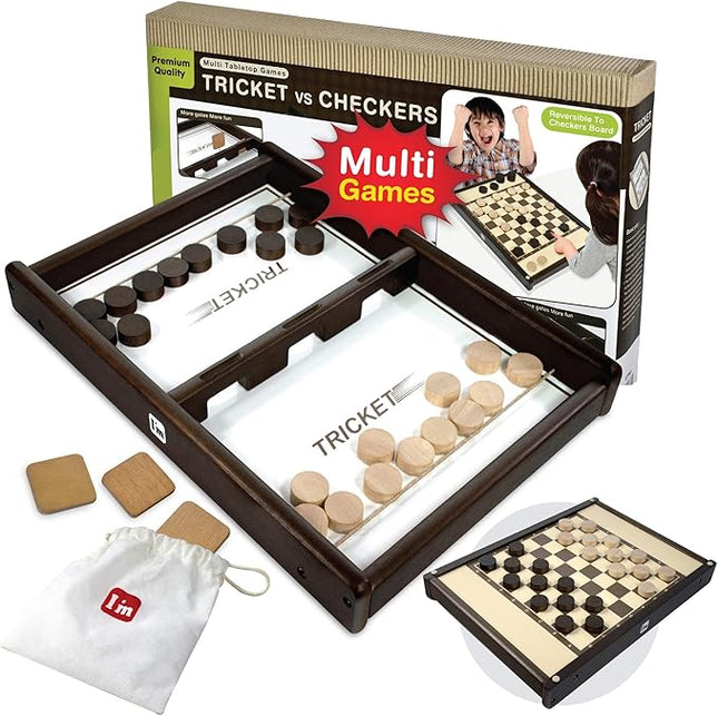 Tricket VS Checkers : Wooden Multi Tabletop Indoor Portable Board Games for Kids and Family