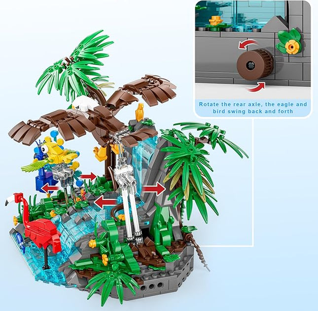 Rainforest Animal Building Set - 898PCS Jungle Theme Building Toy with Waterfall & Botanicals, Animal Sets Eagle, Flamingo & Peacock, STEM Educational Gift for Adults