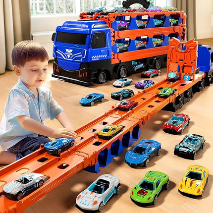 Toy Truck for 3 4 5 6 Years Old Kids Boys, 78-Inch Race Track Transport Vehicle and 12 Die-Cast Metal Toy Cars, Carrier Truck Toddler Truck Car Toys Set Gifts for Age 3-12 Years Old Kids Boys