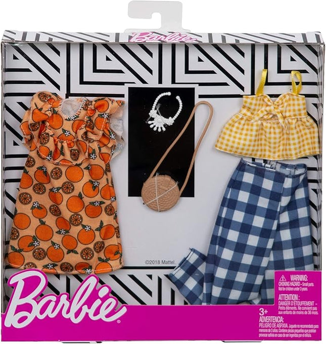 Barbie Clothes - 2 Outfits Doll Include a Dress, Top and Pants with Checked Prints, Gift for 3 to 8 Year Olds