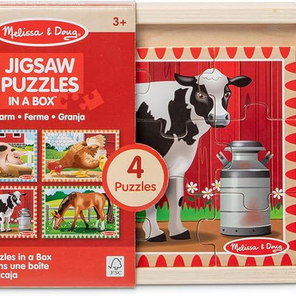 Melissa & Doug 4‑in‑1 Wooden Farm Jigsaw Puzzle Set, 48 Pieces with Storage Box, Toddler Puzzle Toy for Kids Ages 3+