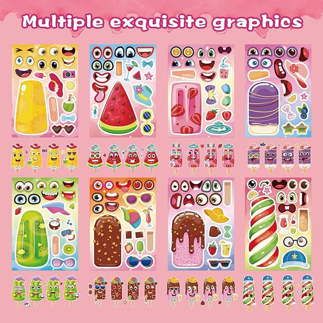 24 Sheets Ice Cream Stickers for Kids Classroom, Make Your Own Ice Cream Sticker, Summer Stickers Birthday Party Favor, Summer Craft Teacher Reward