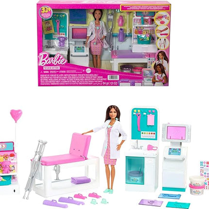 Barbie Fast Cast Clinic Playset, Brunette Barbie Doctor Doll, 30+ Play Pieces, 4 Play Areas, Cast & Bandage Making, Medical & X-ray Stations, Exam Table, Gift Shop & More, Great Toy for 3 Years & Up