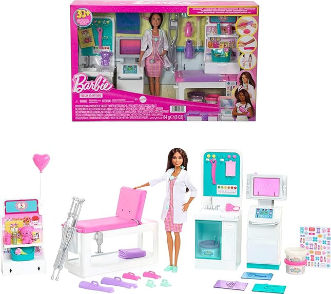 Barbie Fast Cast Clinic Playset, Brunette Barbie Doctor Doll, 30+ Play Pieces, 4 Play Areas, Cast & Bandage Making, Medical & X-ray Stations, Exam Table, Gift Shop & More, Great Toy for 3 Years & Up