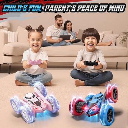Remote Control Stunt Car for Boys, Upgraded 4WD 360° Rotating Racer with Lights, USB-C Rechargeable RC Toy Car 2.4GHz High-Speed for Kids Ages 6+ (Red-Blue)