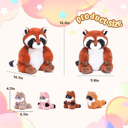 IKASA Mommy Raccoon Stuffed Animal Mom and Baby Plush Toy, Cute 12.5" Soft Mama Family Set with Little Mini Babies,Gifts for Kids
