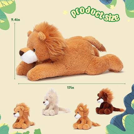 IKASA Mommy Lion Stuffed Animal Mom and Baby Plush Toy, Cute 17" Soft Small Mama Family Set Cuddly Toys with Little Mini Babies,Gifts for Kids