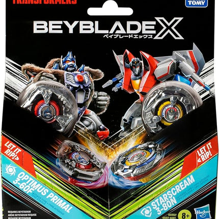 Beyblade X Transformers Collab Optimus Primal 3-60F vs. Starscream 3-80N Multipack Set with 2 Tops & 2 launchers; Battling Top Toys for 8 Year Old Boys & Girls (Amazon Exclusive)