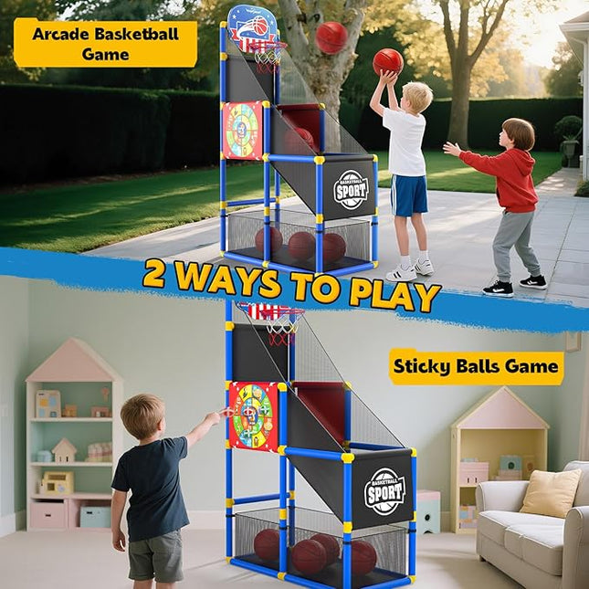 EagleStone 2-in-1 Kids Arcade Basketball Hoop with Dart Board,4 Balls Adjustable Height Basketball Toy Indoor Outdoor Carnival Games Gift for Boys Girls Toddlers Ages 3-8 Years Old,Pump Included