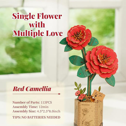 rowood 3D Puzzle Artifical Flower,DIY Wooden Flower Craft Kit Building,Mother's Day/Valentine's Day/Teacher's Day/Thanksgiving Day/Christmas/Birthday Gift for Mom/Women/Grandma/Wife/Her-Red Camellia