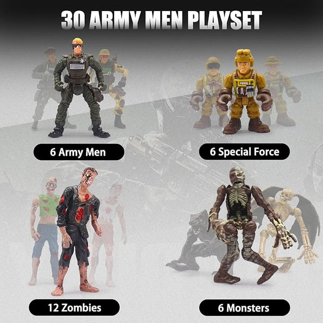 Army Men Action Figures Playset, 30 PCS Soldiers Zombies Monsters Action Figures with Weapons Gear Equipment Accessories - 4 Inches Military Toy for Boys Ages 6 7 8 9 10 11 12 Years Old