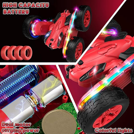Remote Control Car,RC Cars with Sides Light Strip and Headlights,Double Sided 360 Flips Rotating RC Stunt Car,2.4Ghz All Terrain Toys for Ages 5-7 Kids Toy for Boys Girls Birthday Gift(Red)