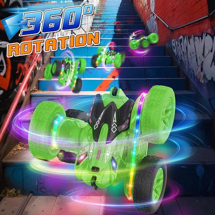 Remote Control Car,RC Cars with sides light strip and Headlights,Double Sided 360 Flips Rotating RC Stunt Car,2.4Ghz All Terrain Toys for Ages 4-6 Kids Toy for Boys Girls Birthday Gift(Green)