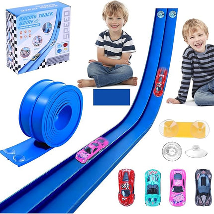 Flexible Race Car Ramp Track for Kids Toy 4 Small Race Cars and 8 Suction Cups Compatible with Hot Wheels and Diecast 1/64th Cars, Rolls Up Portable Racetrack for Ages 3 & Up (Dark Blue)