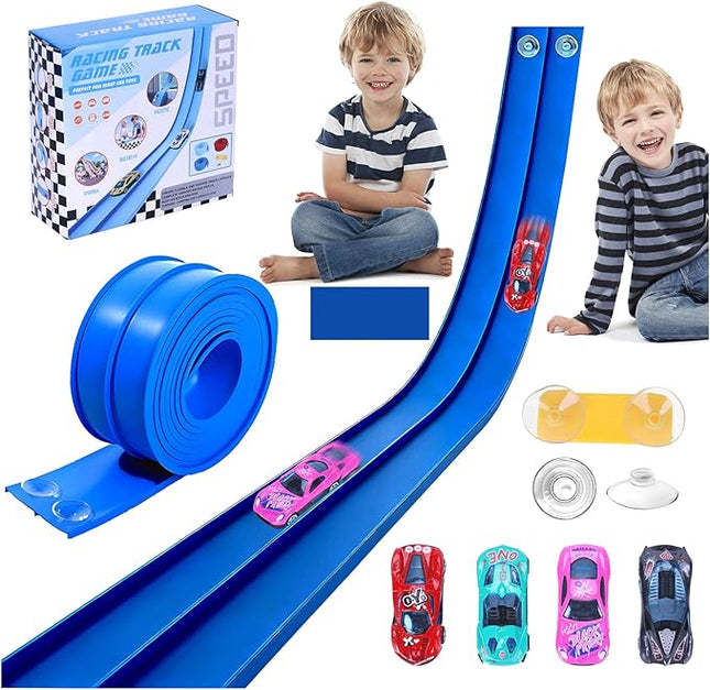 Flexible Race Car Ramp Track for Kids Toy 4 Small Race Cars and 8 Suction Cups Compatible with Hot Wheels and Diecast 1/64th Cars, Rolls Up Portable Racetrack for Ages 3 & Up (Dark Blue)