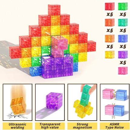45PCS Magnetic Blocks - Transparent Magnet Cubes, Toddler Building Blocks, Sensory Autism Gifts for Kids Ages 3+, Preschool Travel Toys for 3-5 Year Old Boys and Girls