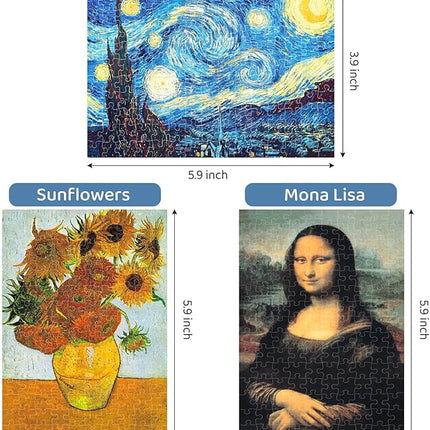 150 Puzzles Mini Jigsaw for Adults & Kids, 6 x 4 Small Capsule Tube Sets - Starry Night Mona Lisa Sunflower Pack