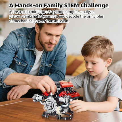 Mini V8 Engine Building Kit That Runs，Engine Building Blocks with LED Light for Adults,Engine Model Set Construction STEM Toy for Kids Boys (660 Pcs)