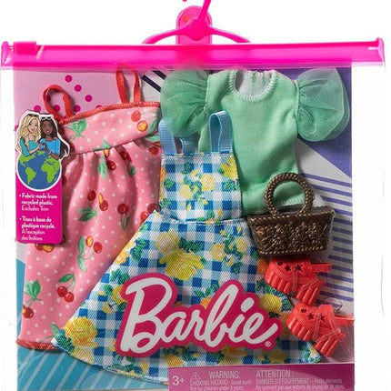 Barbie Fashions 2-Pack Clothing Set, 2 Outfits for Barbie Doll Include 2 Picnic-Themed Dresses & 2 Accessories Including Basket