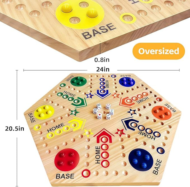 Wooden Board Game, Board Game Original Marble Game Double Sided Painted 2 to 6 Player Fast Track Wooden with 6 Colors 24 Marbles 6 Dice for Adults Kids Family(24 INCH)