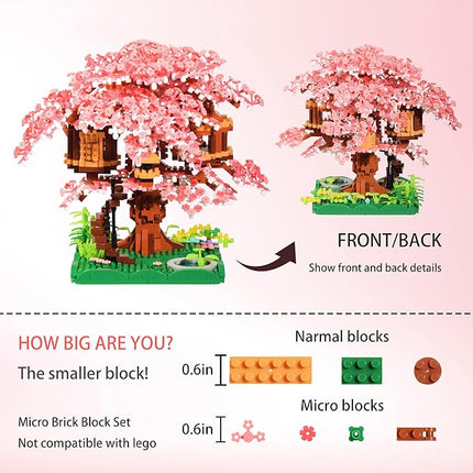Cherry Blossom Tree Building Block Set Gift for Adults Girls Boys 14+, Cherry Bonsia Treehouse Micro Building Blocks, Japanese Sakura Flowers House 2028PCS