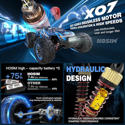 Hosim Brushless RC Cars, 1:10 68+ KMH High Speed Remote Control Car for Adults Boys, 4X4 All Terrains Waterproof Off Road Hobby Grade Large Fast Racing Buggy Toy Gift Monster Trucks