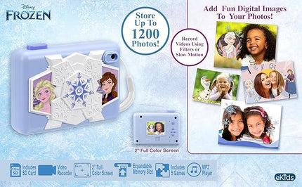 ekids Disney Frozen Kids Camera with SD Card, Digital Camera for Kids with Video Recording, Built-in Digital Stickers (Frozen)