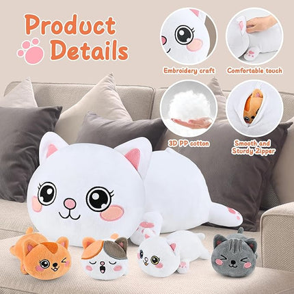 KMUYSL Cat Stuffed Animals Toys for Ages 0 1 2 3 4 5 6 7 8+ Years Old Kids - Mommy Cat with 4 Baby Kitty in Her Tummy, Idea Xmas Birthday Gifts for Baby, Toddler, Girls, Boys