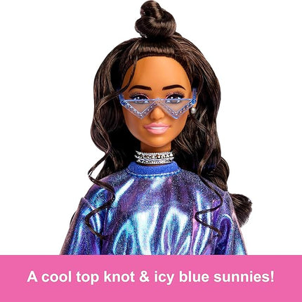 Barbie Deluxe Style Doll #7 in Metallic Blue Top and Skirt, Wavy Brown Hair, Accessories Like Silvery Jewelry, Crystal Handbag and Sunglasses