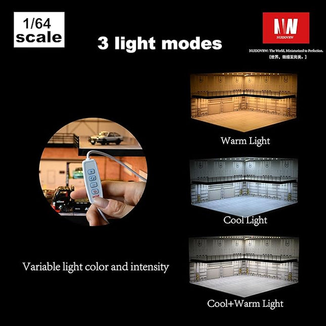 1/64 Model Car Display Case,Fits for 1/64 Hot Wheels Diecast Model Car,Diorama Double Decker Car Showroom Garage Model with Dimmable LED Lighting City Car Parking Lot Scene Model Collection (A)