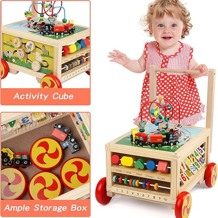 Wooden Activity Cube 7-in-1 Montessori Toys for 1+ Year Old Boys Girls Educational Learning Toys for Toddlers Age 1-2 One Year Old First Birthday Gift Bead Maze Magnetic Trains Track Shape Sorter