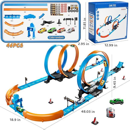 Toy Car Track Set for Boys Kids Age 3-5 4-7 8-12, Long Race Tracks with 4 Action Loops and 4 High-Speed Slot Cars, 35+ Pieces of Race Track to Create Multiple Configurations