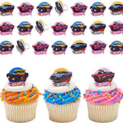 Hot Wheels™ Rings | 24 Epic Stunt Cupcake Toppers | DecoPac Hot Wheels Cars Cake Decorations, Multi-colored, Food Safe & Ready To Use - 24 Pack