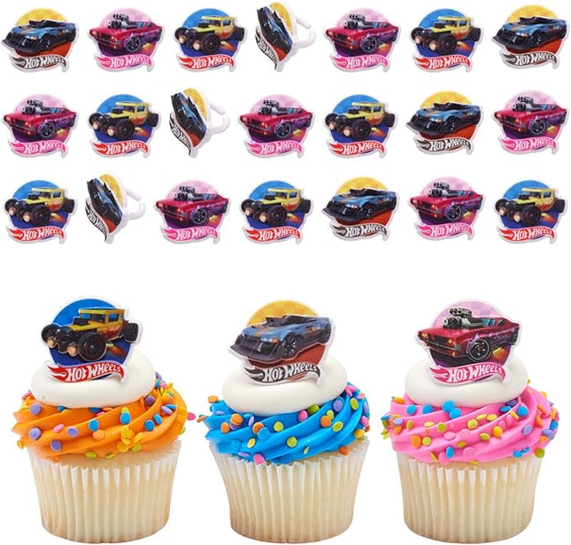 Hot Wheels™ Rings | 24 Epic Stunt Cupcake Toppers | DecoPac Hot Wheels Cars Cake Decorations, Multi-colored, Food Safe & Ready To Use - 24 Pack