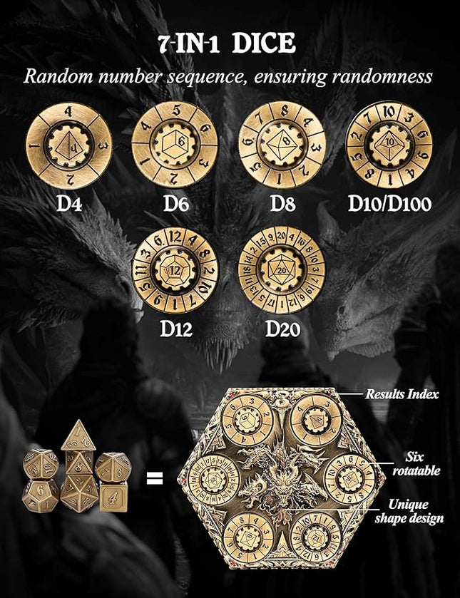 7 in 1 DND Spinner Dice Set Role Playing Board Games Accessories Good Choice Accessories for DM, Gamer and Collector (Gold)