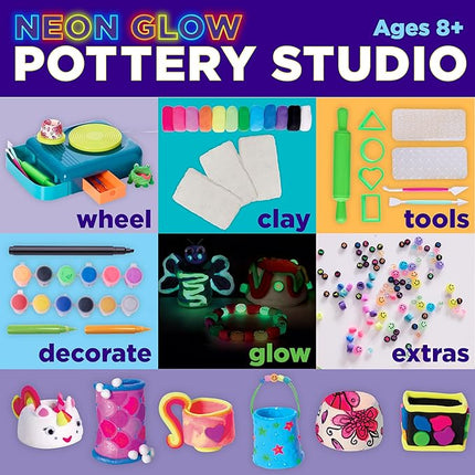 Faber-Castell Neon Glow Pottery Studio: Create Your Own Pottery Designs with USB-Powered Pottery Wheel, Air Dry Clay, Neon & Glow in The Dark Paints, Tools & 50+ Craft Supplies for Kids (Ages 8+)