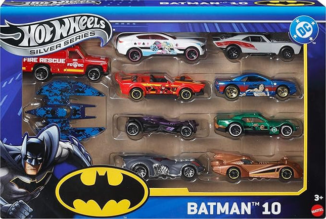 Hot Wheels Toy Cars, Batman-Themed 10-Pack, Set of 10 Die-Cast Vehicles Including a Batmobile & a Batplane in 1:64 Scale (Styles May Vary)