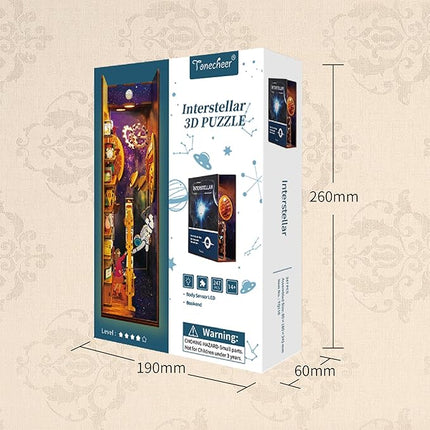 Tonecheer DIY Book Nook Kit for Adults,3D Wooden Puzzle Bookend Bookshelf Insert Library Decor, Booknook Miniature House Kit with Body Motion Sensor LED Light（Interstellar）