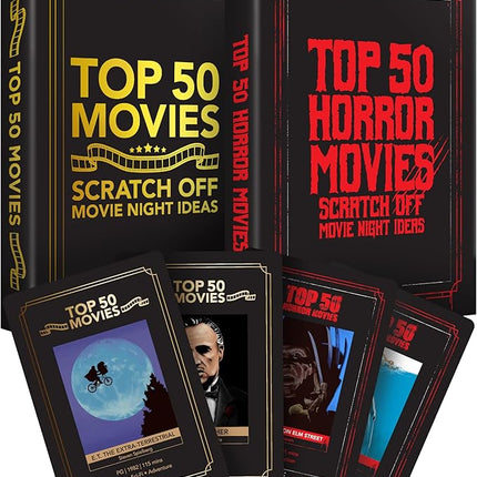 Fan Bundle: Top 50 & 50 Horror Movie Scratch Off Decks - Complete Challenge, Enhance Movie Nights!
