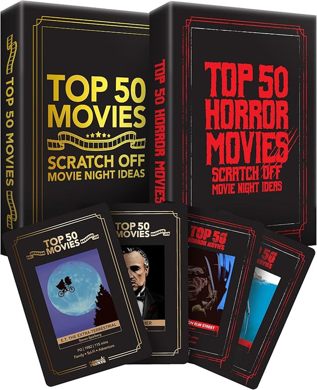 Fan Bundle: Top 50 & 50 Horror Movie Scratch Off Decks - Complete Challenge, Enhance Movie Nights!