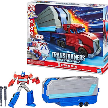 Transformers EarthSpark Optimus Prime Battle Trailer Playset with Action Figure, Lights and Sounds, Electronic Truck Toys for Kids 6 and Up