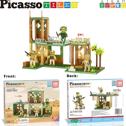 PicassoTiles Magnet Tile Building Brick Blocks Military Combat Force Theme Magnetic Tiles Construction Block Playset 4 Character Action Figures with Weapons Interlocking Bricks STEM Toy Ages 3+ PTL18