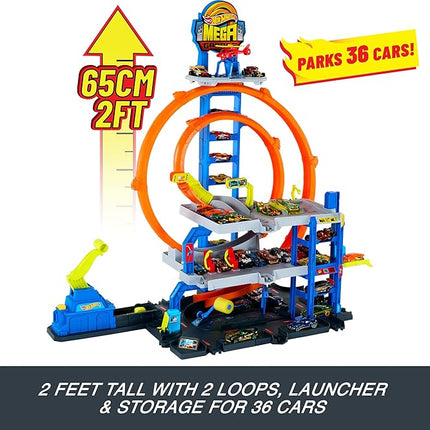 Hot Wheels Toy Car Track Set with Die-Cast Car & Helicopter, 2 Loops, Storage for 36 1:64 Scale Vehicles, Speed Snap Adapters, Mega Loop Garage