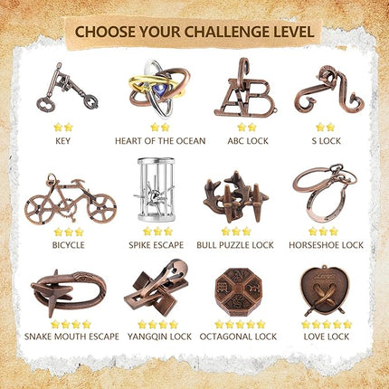 12Pcs Brain Teaser Puzzles for Adults and Teens, 3D Metal Puzzle Set with Various Difficulty Levels, IQ Logic Challenge Disentanglement Game, Fun Handheld Brain Teasers for Focus, Gifts for Boys Girls