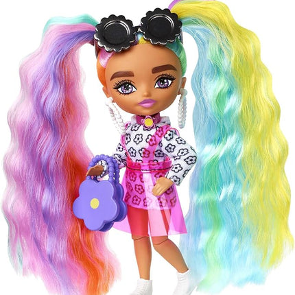 Barbie Extra Minis Doll #6 Wearing Flower Print Dress with Rainbow Hair, Doll Stand & Accessories Including Sunglasses & Purse, 5.5-inch