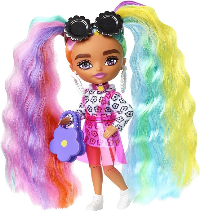 Barbie Extra Minis Doll #6 Wearing Flower Print Dress with Rainbow Hair, Doll Stand & Accessories Including Sunglasses & Purse, 5.5-inch