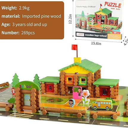 Wondertoys 269 Pieces Real Wood Logs Set Ages 3+, Classic Building Log Gift Set for Boys/Girls– Creative Construction Engineering - Top Blocks Game Kit - Preschool Education Toy