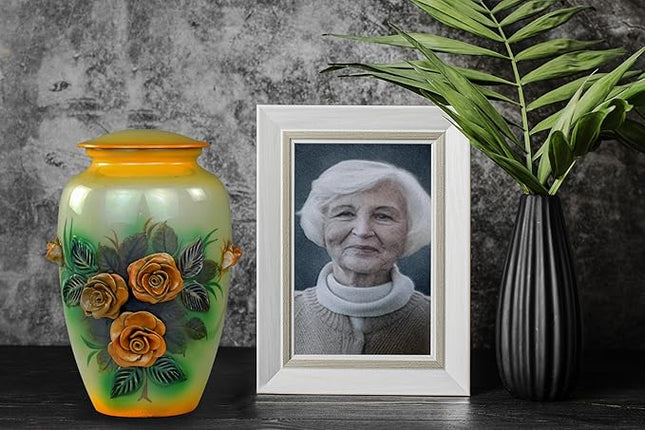 11" 3D Carved Decorative Flowers Aluminum Metal Cremation Urns for Human Ashes | Hand-Crafted Large Urn for Adult Cremation (Nibble Red)