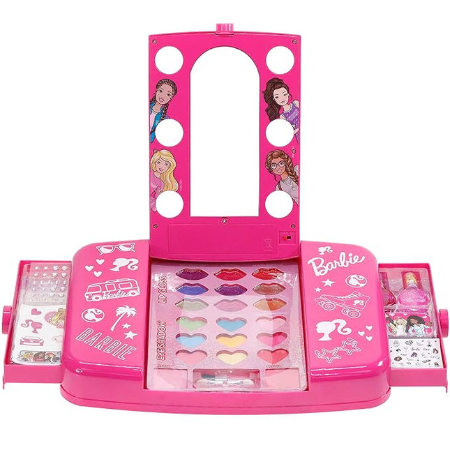 Barbie Beauty Vanity Set with Light-Up Mirror, Includes Lip Gloss, Eye Shadow, Brushes, Nail Polish, Accessories, and More! Ages 3+ Perfect for Parties, Sleepovers, and Makeovers, by Townley Girl